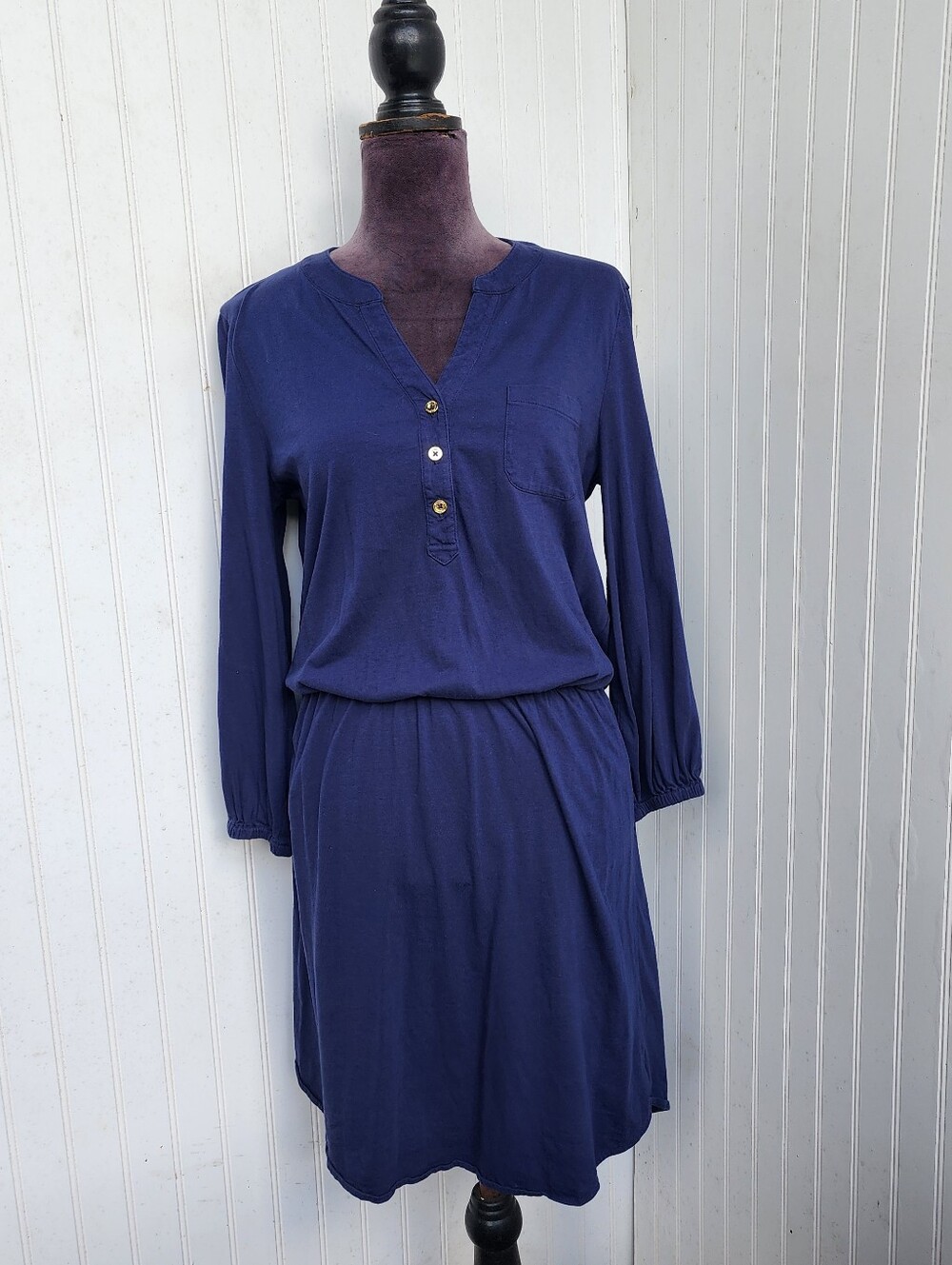 LILLY PULITZER Beckett Blouson Jersey Dress Navy Blue 3/4 Sleeve Pima Cotton M - Picture 4 of 16
